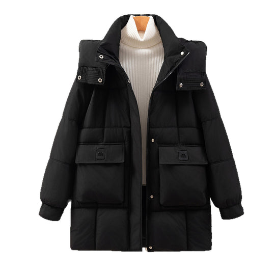 Damen funktionelle und stilvolle Winterjacke mit Taschen und Kapuze EB