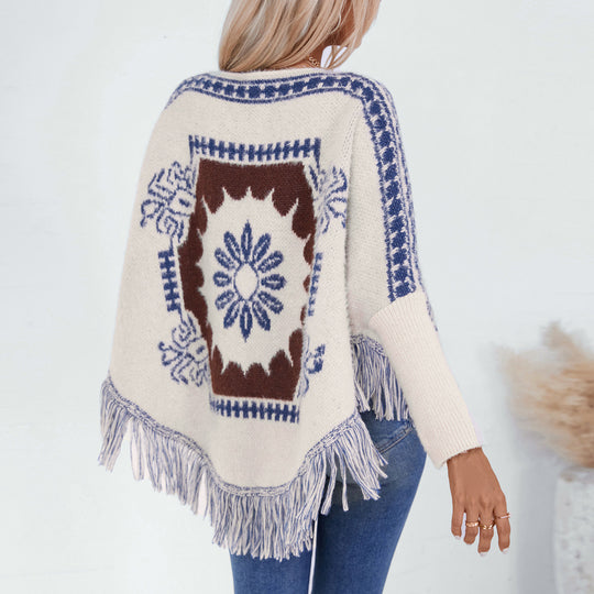 Damen eleganter Strickponcho mit kunstvollem Muster und fransigem Abschluss EB