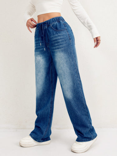 Damen weite Denim-Hose mit elastischem Bund und lässigem Schnitt EB