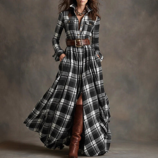 Damen nan karierte Maxikleid Hemdblusenkleid mit ausgestelltem Rock und breitem Taillengürtel EB