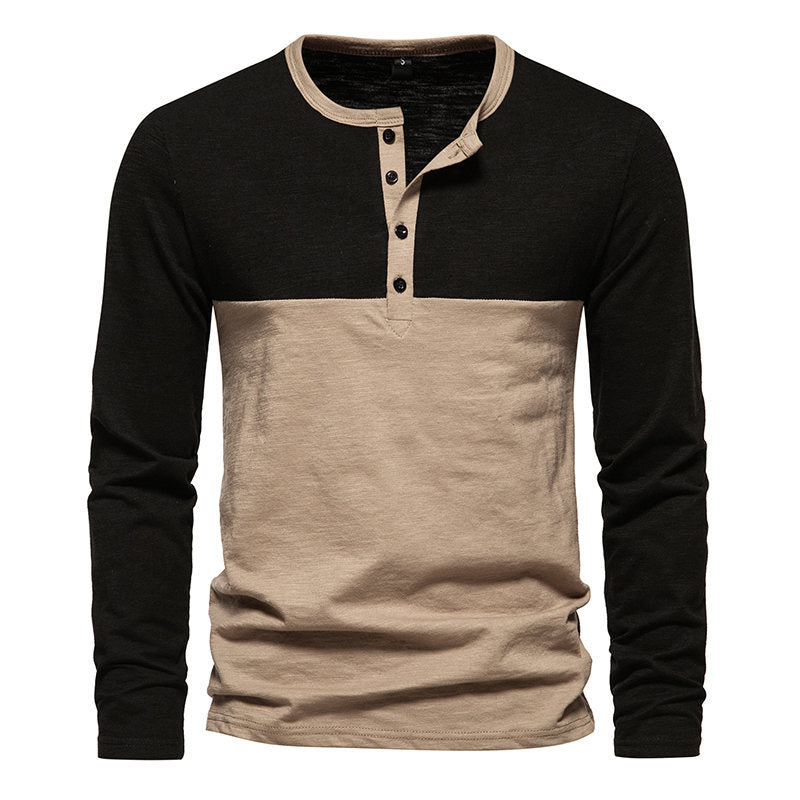 Herren Langarm-Henley-Shirt mit kontrastierenden Ärmeln und stilvollem Knopfdesign EB