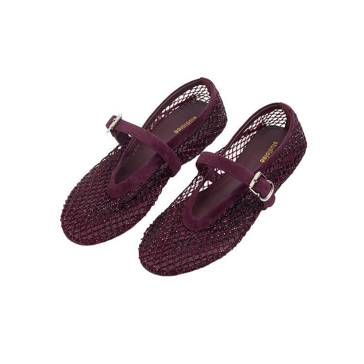Damen elegante Ballerina-Schuhe mit dekorativem Riemchen und funkelnden Akzenten EB