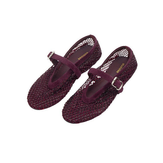 Damen elegante Ballerina-Schuhe mit dekorativem Riemchen und funkelnden Akzenten EB