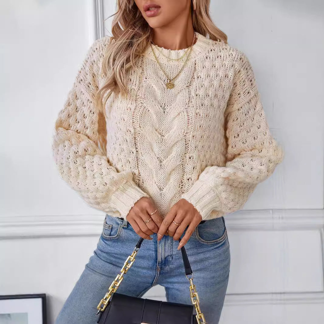 Damen gemütlicher Strickpullover mit strukturiertem Zopfmuster und lässigem Schnitt EB