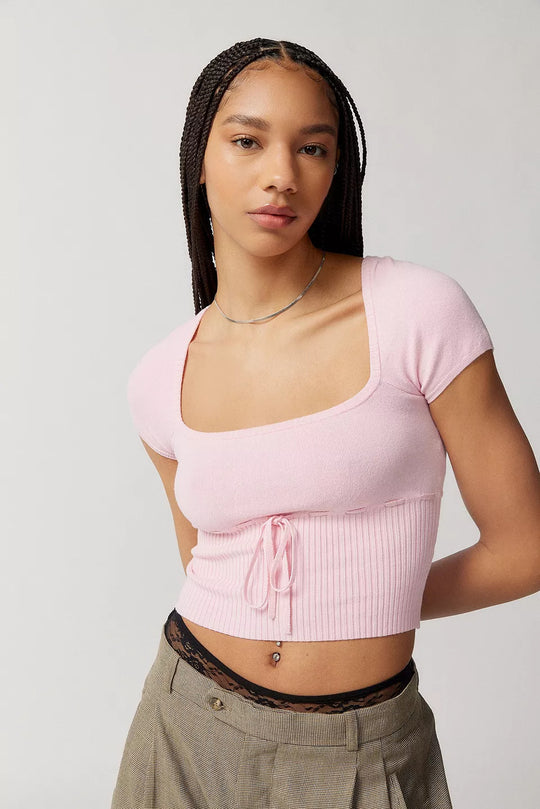 Damen Cropped Strickoberteil mit variabler Schnürung und tiefem Ausschnitt EB