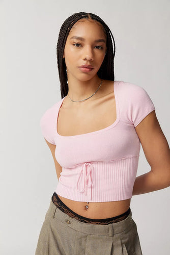Damen Cropped Strickoberteil mit variabler Schnürung und tiefem Ausschnitt EB