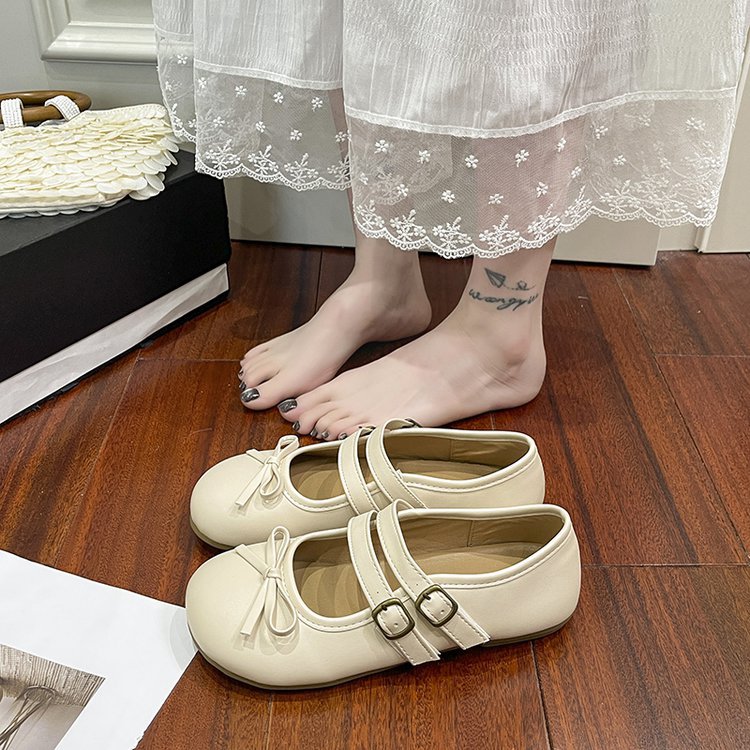 Damen modische Ballerinas mit doppeltem Riemen und dekorativem Schleifendetail EB