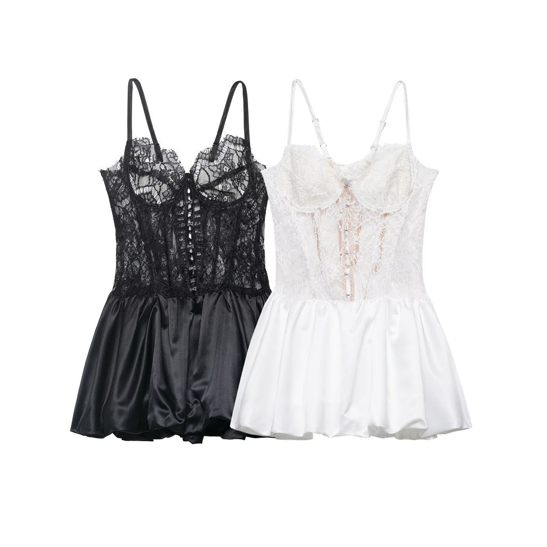 Damen Spitzen-Nachtkleid mit hochwertiger Satin-Rockpartie EB
