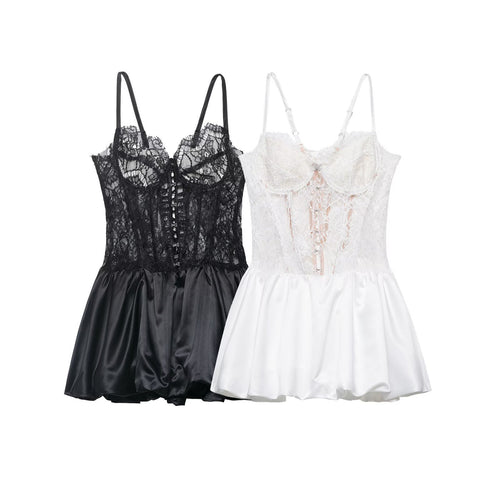 Damen Spitzen-Nachtkleid mit hochwertiger Satin-Rockpartie EB