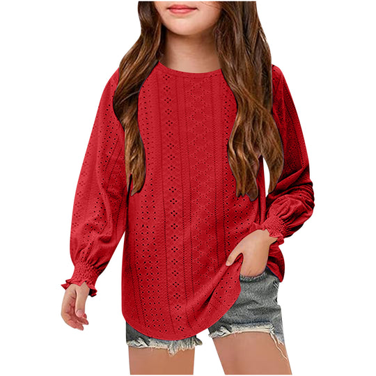 Damen Ajourgestricktes Oversize-Pullover-Shirt mit Ballonärmeln und Rüschenbündchen EB