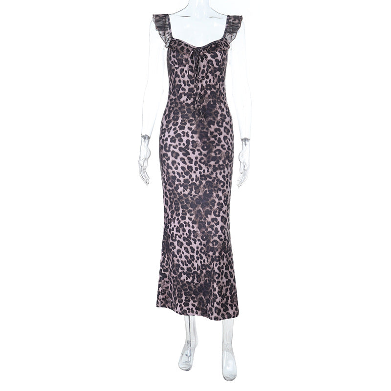 Damen Maxi-Kleid mit verführerischem Leopardenmuster und Rüschendetails EB