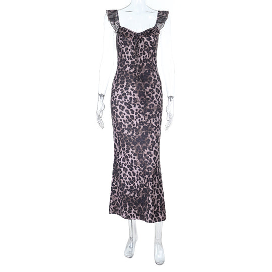 Damen Maxi-Kleid mit verführerischem Leopardenmuster und Rüschendetails EB