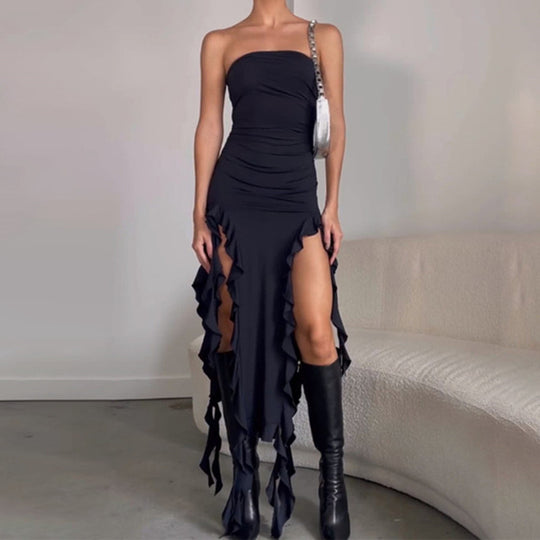 Damen schulterfreies Maxikleid mit asymmetrischen Rüschen und aufregenden Schlitzen EB