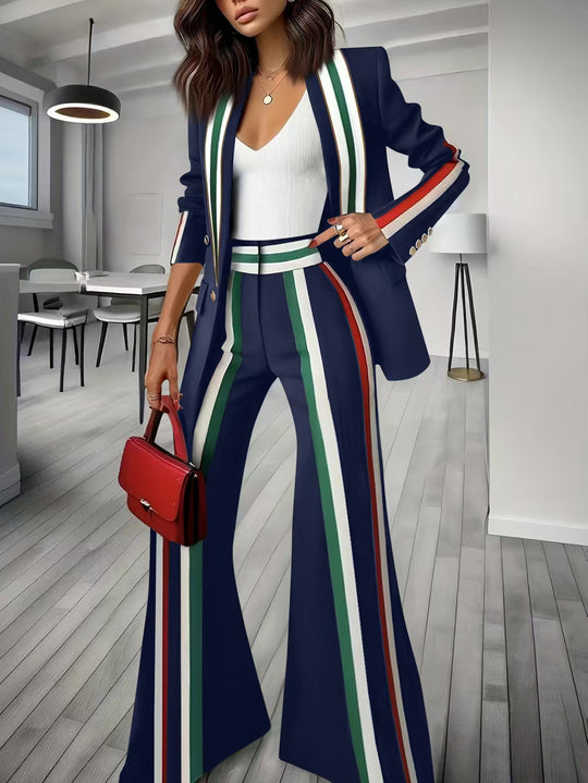 Damen Elegantes Blazer‑Hosenensemble mit seitlichen Kontraststreifen und weitem Schlag EB