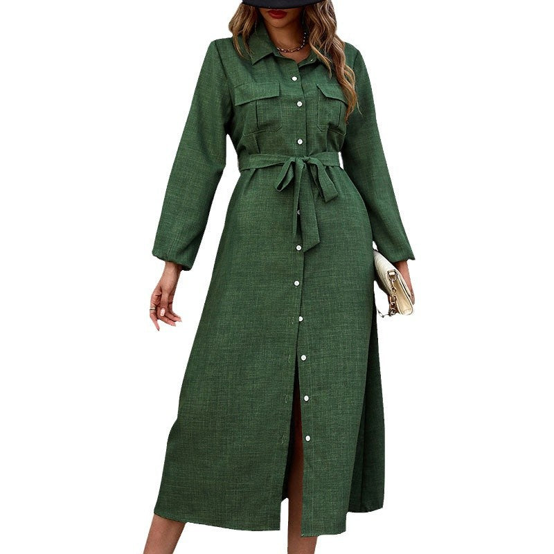 Damen Hemdkleid mit Bindegürtel und aufgesetzten Taschen EB