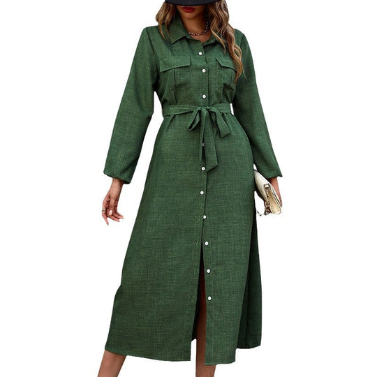 Damen Hemdkleid mit Bindegürtel und aufgesetzten Taschen EB