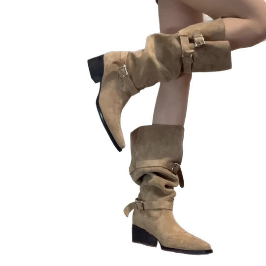 Damen Modische Overknee Stiefel mit verstellbaren Riemen und Blockabsatz EB