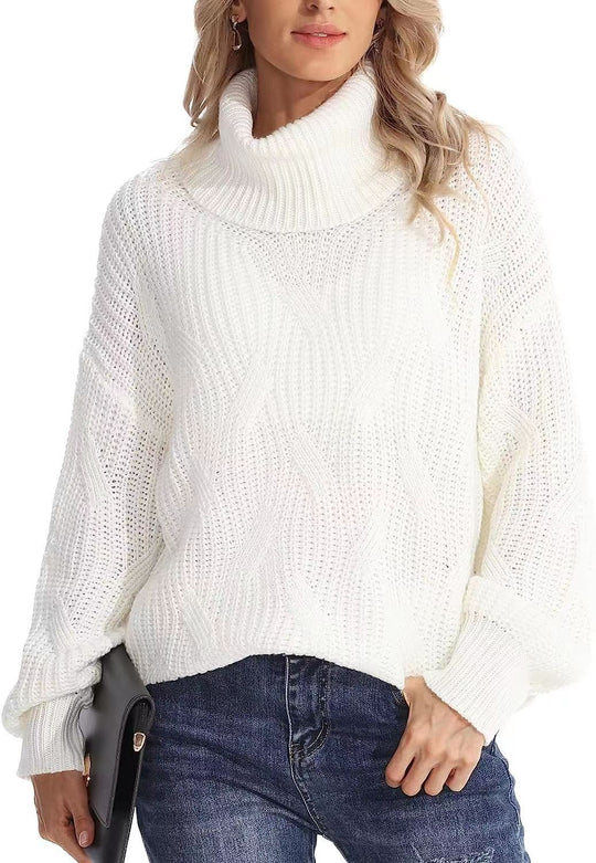 Damen Grobstrickpullover mit hohem Kragen und strukturiertem Zopfmuster EB