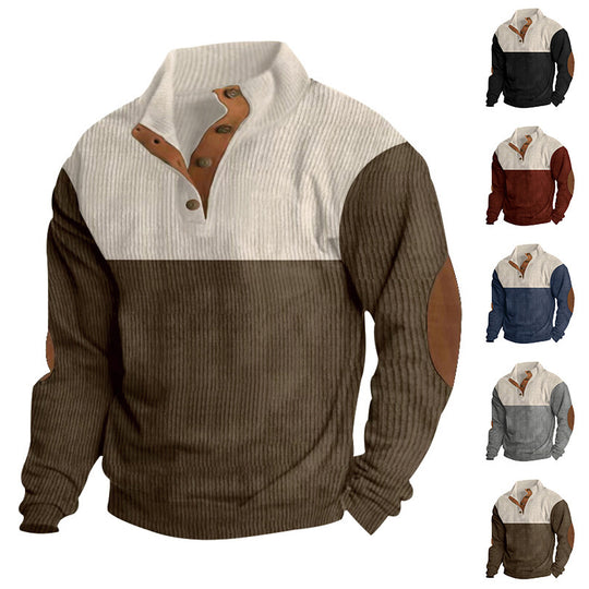 Herren Gerippter Halbkragen‑Henley‑Pullover mit Knopfleiste und Leder‑Ellbogenpatches EB
