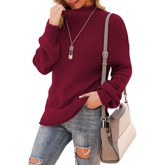 Damen Grobstrickpullover mit hohem Kragen und bequemen Ärmeln EB
