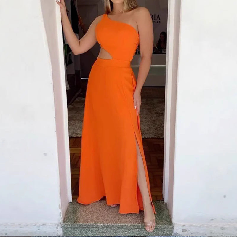 Damen Elegantes Maxikleid mit asymmetrischem Ausschnitt und Seitenschlitzen EB