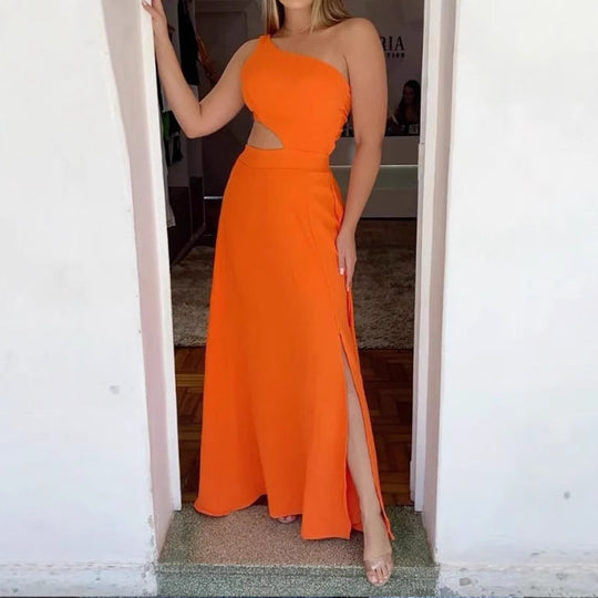 Damen Elegantes Maxikleid mit asymmetrischem Ausschnitt und Seitenschlitzen EB