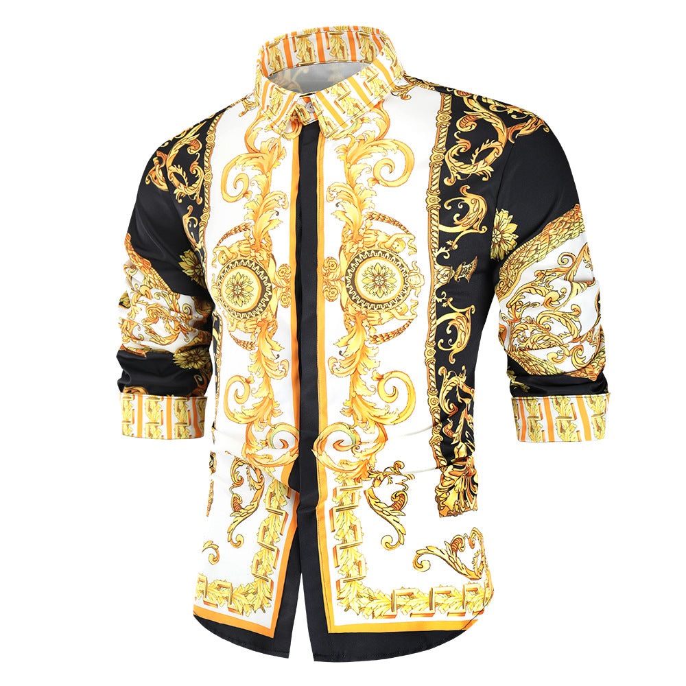 Herren nan barockes Langarm-Hemd mit ornamentalem Druck, Kentkragen und tailliertem Schnitt EB