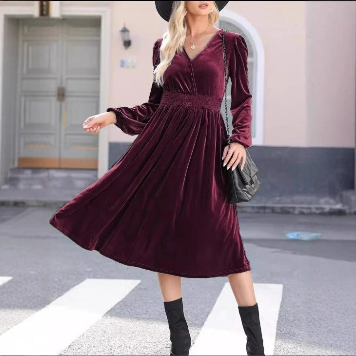 Damen Midikleid aus Samt mit V-Ausschnitt, geraffter Smock-Taille und langen Ballonärmeln EB