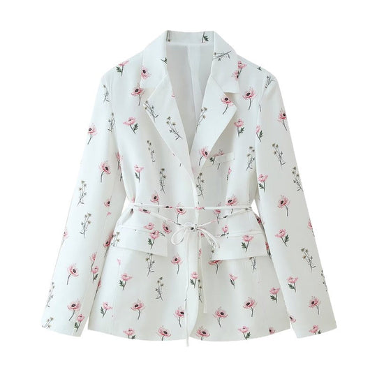 Damen Blazerjacke mit floralem Muster und taillierbarem Gürtel EB