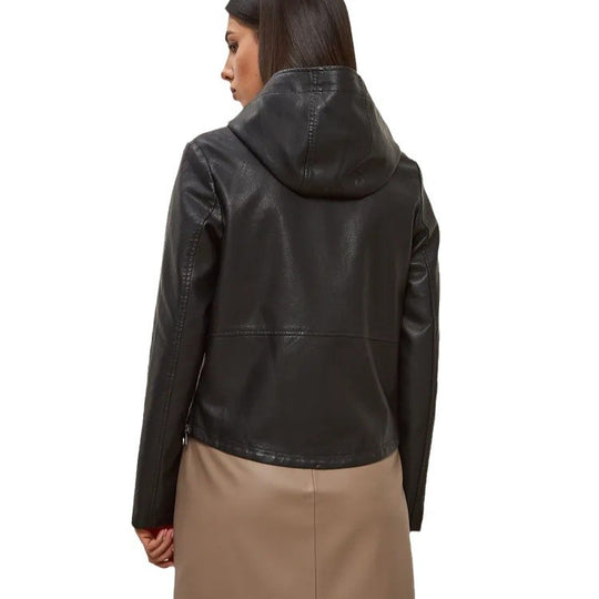 Damen modische Kunstlederjacke mit Kapuze und Reißverschlusstaschen EB