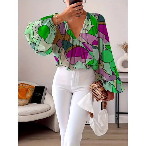 Damen oversized Bluse mit farbenfrohem grafischen Muster und weit ausgestellten Ärmeln EB