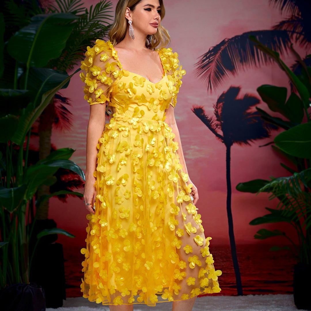 Damen Rüschenmaxikleid mit floralen Applikationen und Puffed-Ärmeln EB