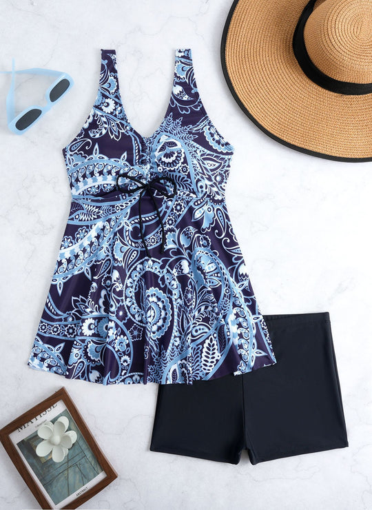 Damen Tankini-Set mit modischem Volant und grafischem Pfauenmuster EB