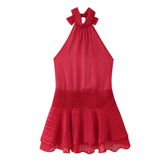 Damen Halterneck Top mit Rüschensaum und elastischer Taille EB