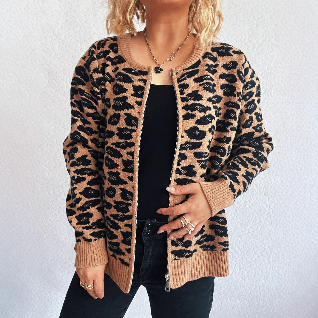 Damen Strickjacke mit modernem Leopardenmuster und Zipperdetails EB