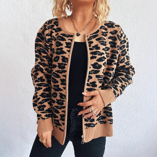 Damen Strickjacke mit modernem Leopardenmuster und Zipperdetails EB