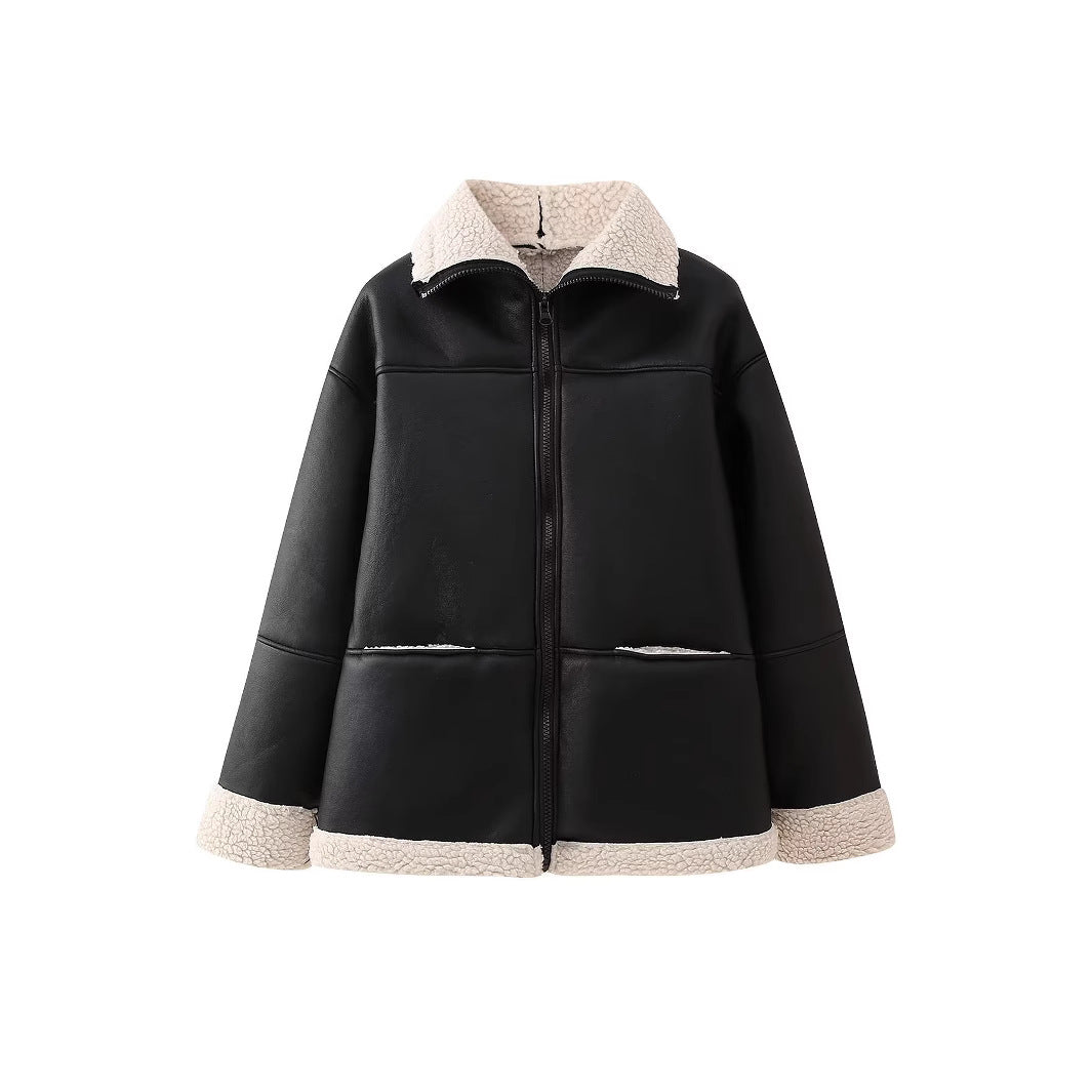 Damen angesagte Kunstlederjacke mit kuscheligem Innenfutter EB