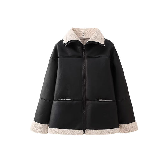 Damen angesagte Kunstlederjacke mit kuscheligem Innenfutter EB