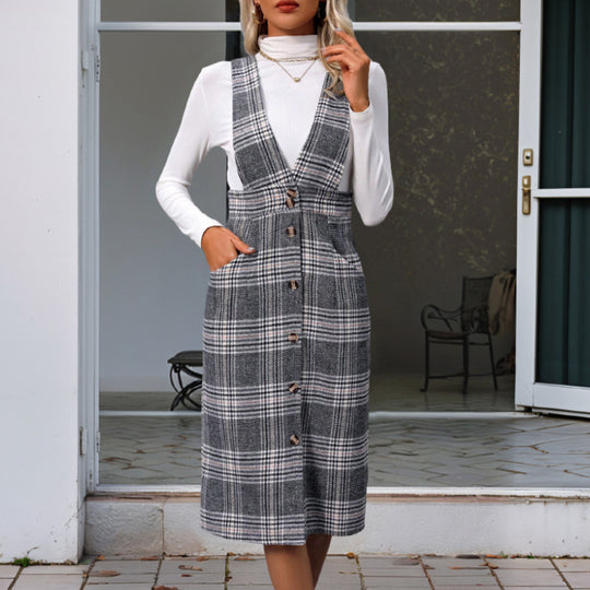 Damen Karierter Jumpsuit mit dezenter Knopfleiste und breiten Trägern EB