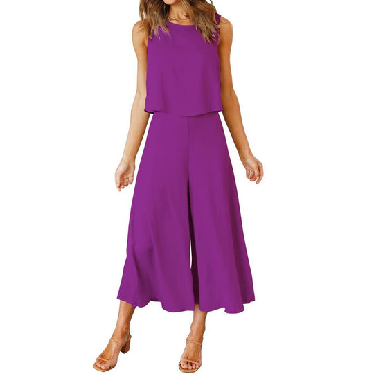 Damen lässiger Jumpsuit mit weit geschnittenem Beinen und leichtem Oberteil EB
