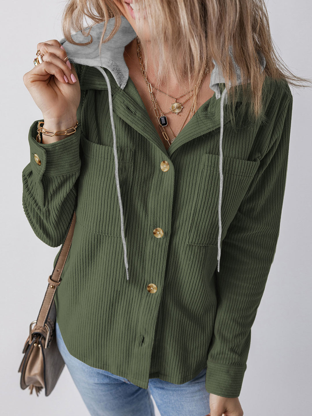 Damen Hemdblusenshirt mit Kapuze und geripptem Design EB