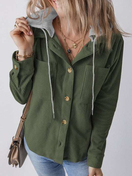 Damen Hemdblusenshirt mit Kapuze und geripptem Design EB