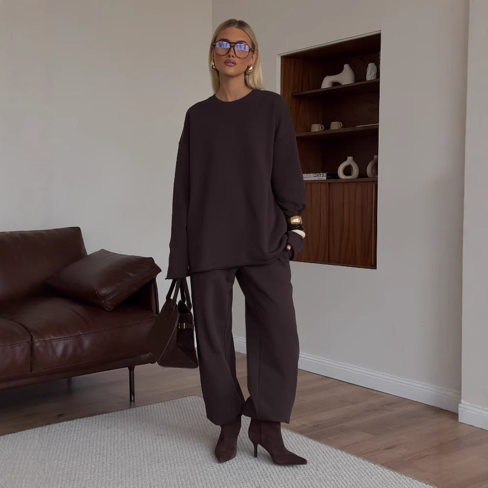 Damen kastiges Sweatstoff-Set mit weichem Rundhalsausschnitt und weiter Kordelbundhose EB