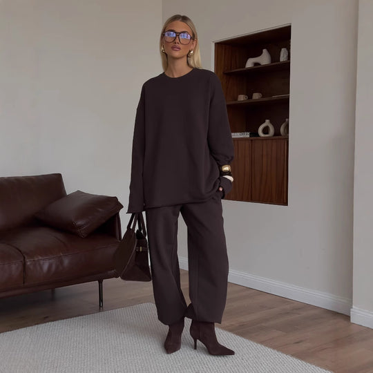 Damen kastiges Sweatstoff-Set mit weichem Rundhalsausschnitt und weiter Kordelbundhose EB