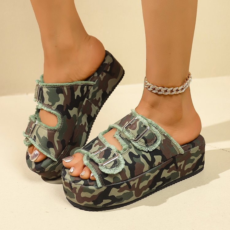 Damen bequeme Plattformsandalen aus Denim mit doppeltem Riemen EB