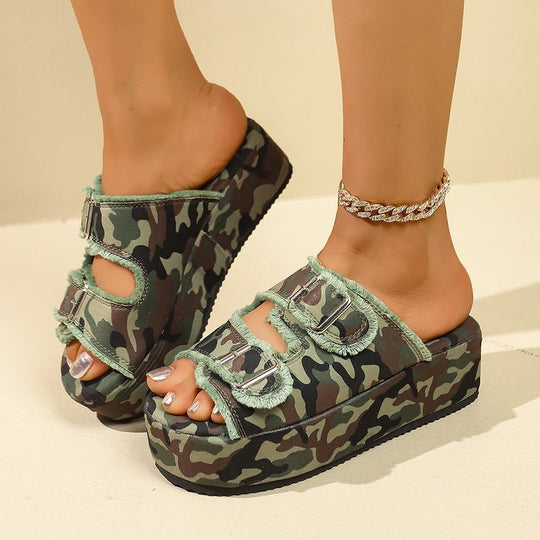 Damen bequeme Plattformsandalen aus Denim mit doppeltem Riemen EB