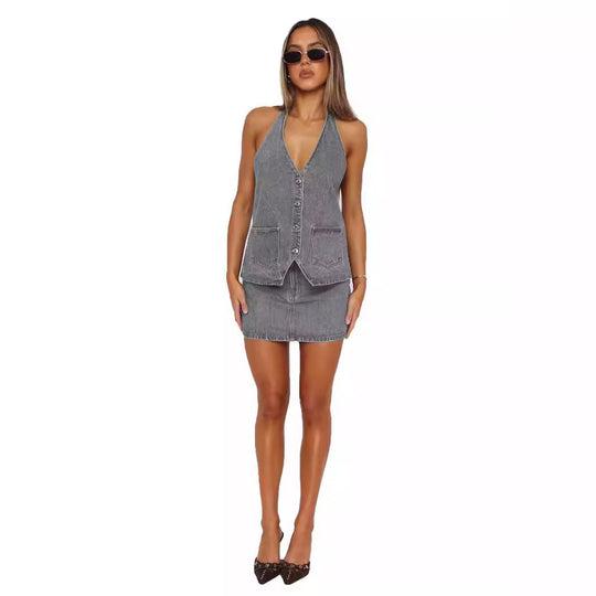 Damen Denim-Kleid mit ärmellosem Design und praktischen Taschen EB