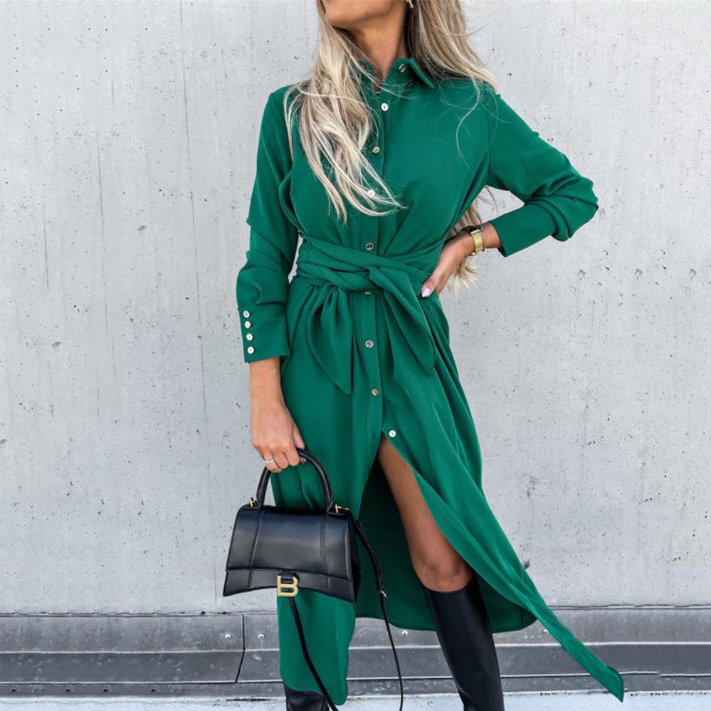 Damen Hemdblusenkleid mit Taillengürtel und seitlichem Schlitz EB
