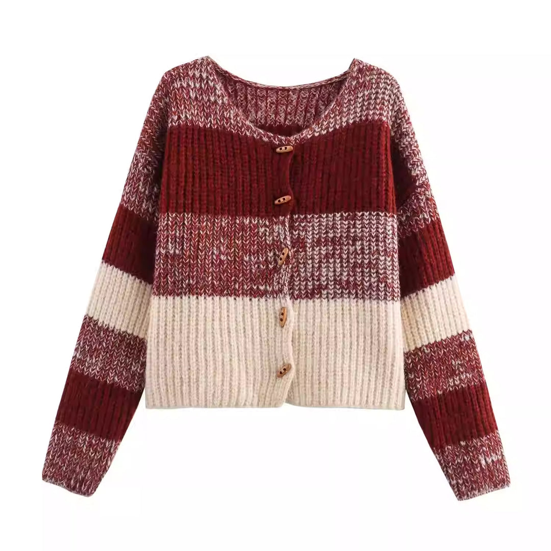 Damen Strickjacke mit elastischem Rippdesign und Holzknöpfen EB