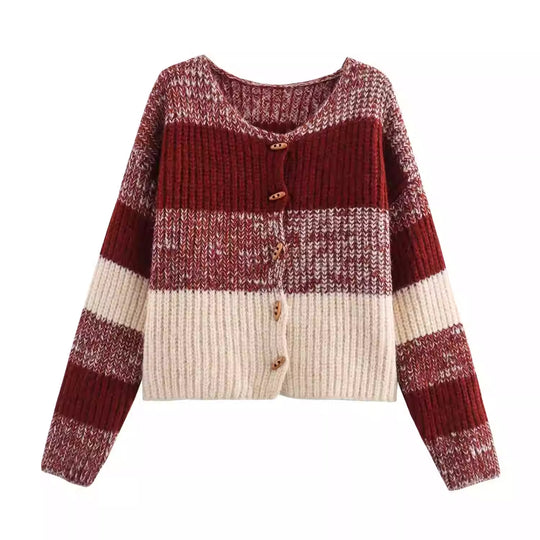 Damen Strickjacke mit elastischem Rippdesign und Holzknöpfen EB
